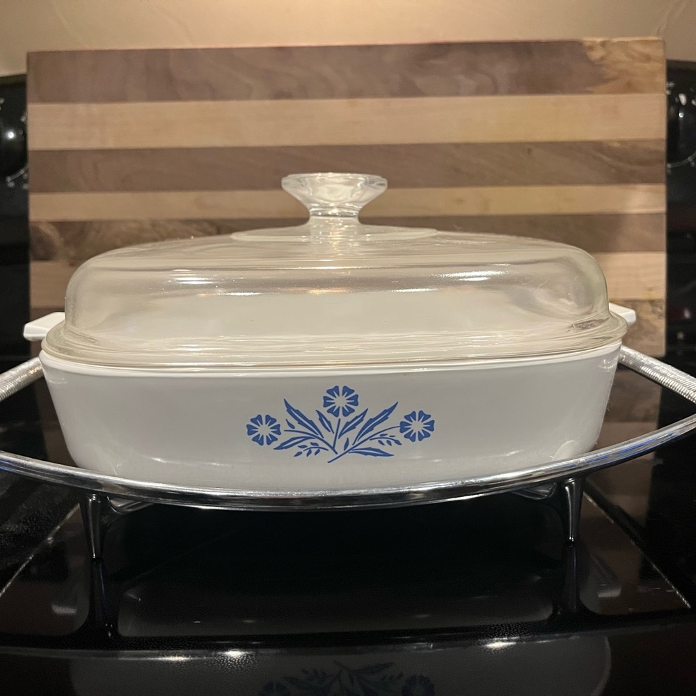 Corningware Glass Lid White Casserole Dish with Blue Floral Design